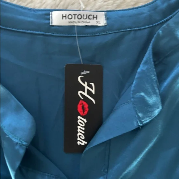NWT Hotouch - Blue Satin Long Sleeve Button-Up Blouse - Picture 3 of 5
